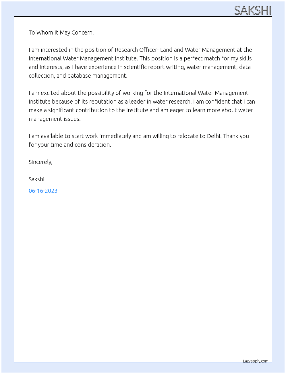 Research officer- land and water management At International water management institute  Cover Letter