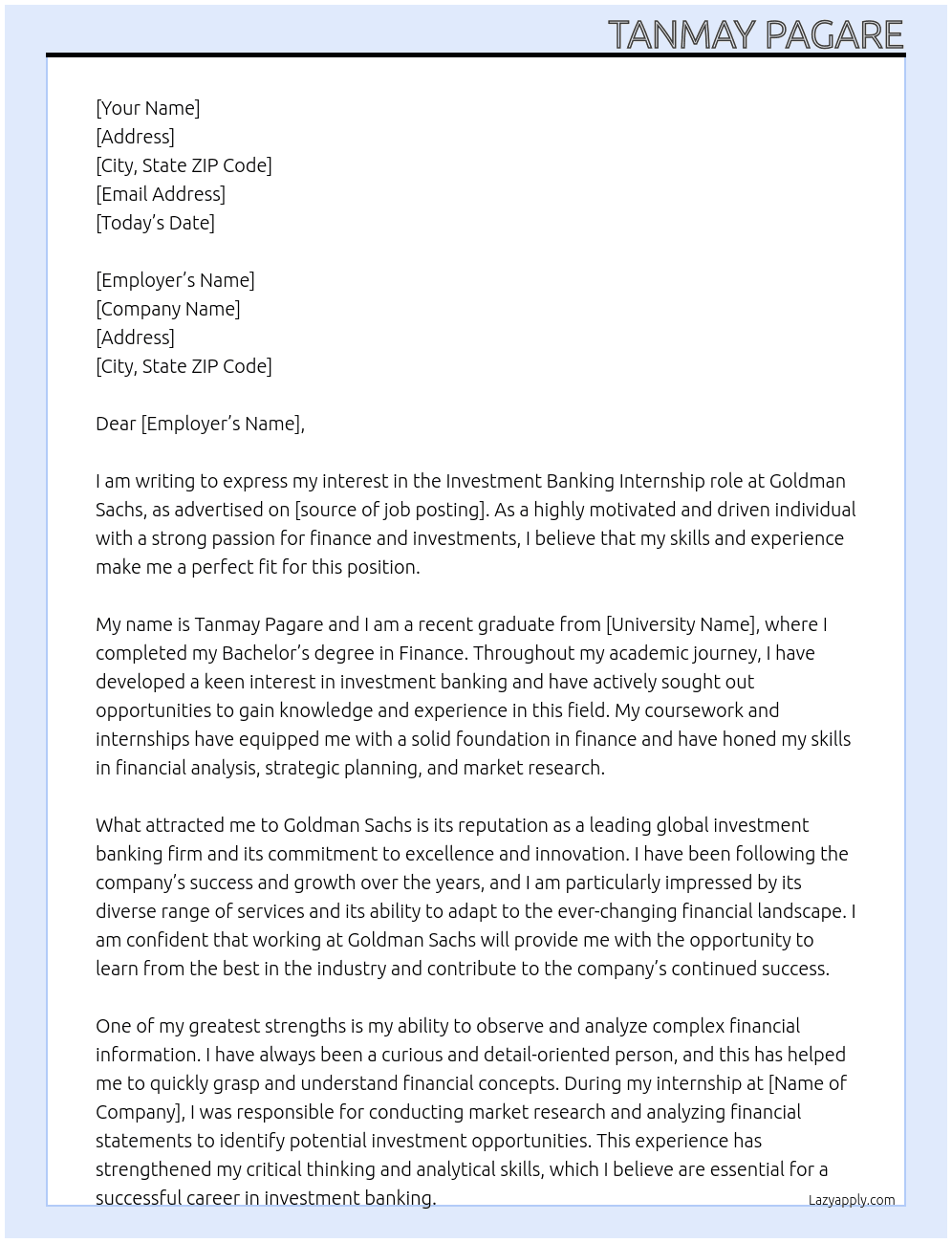 investment banking  At goldman Sachs Cover Letter