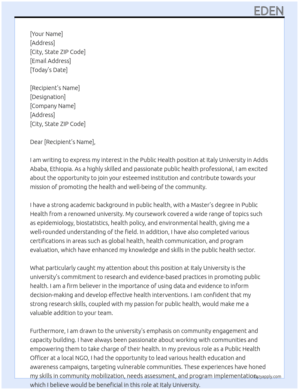 Public health  At Italy university  Cover Letter