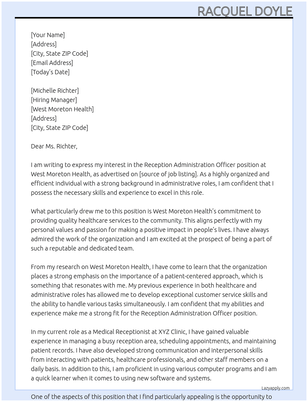 Reception Administration Officer At West Moreton Health Cover Letter