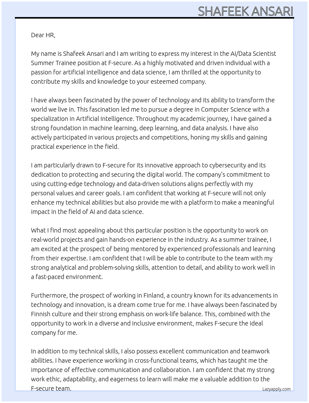 Cover letter for ai/data scientist summer trainee - LazyApply