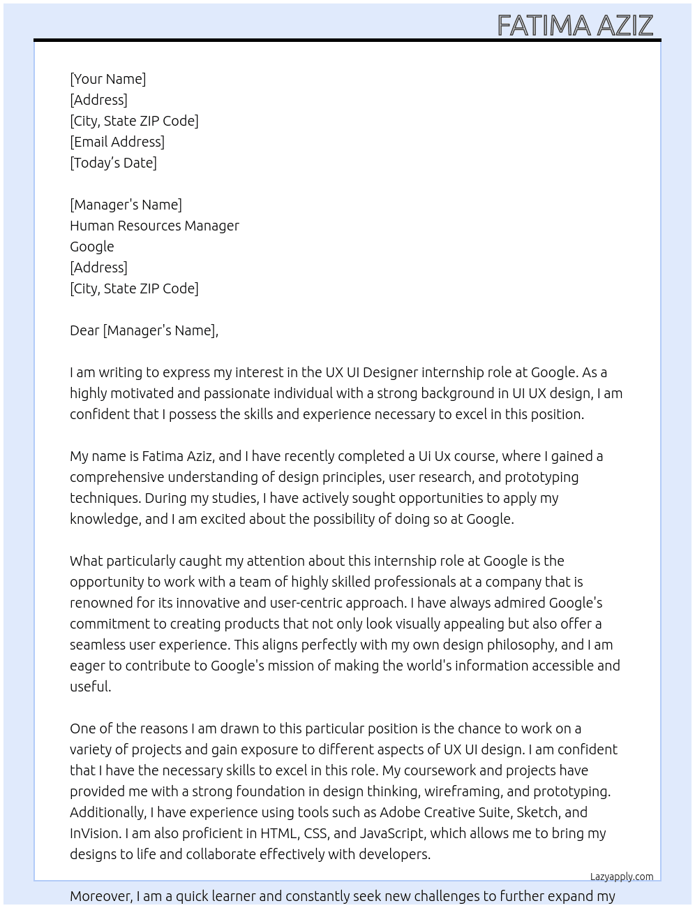 ux ui designer  At google  Cover Letter