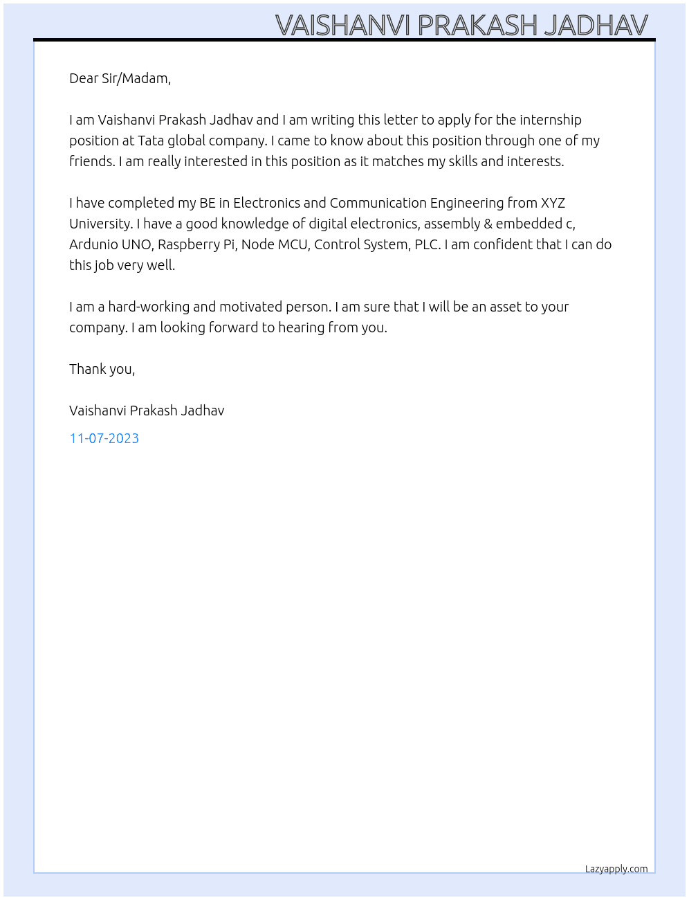 Internship  At Tata global company  Cover Letter