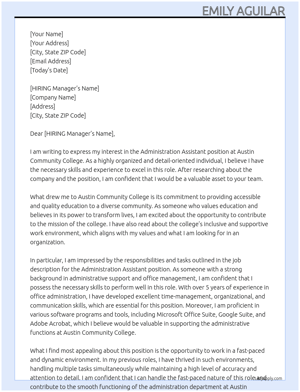 Administration Assistant  At Austin Community College  Cover Letter