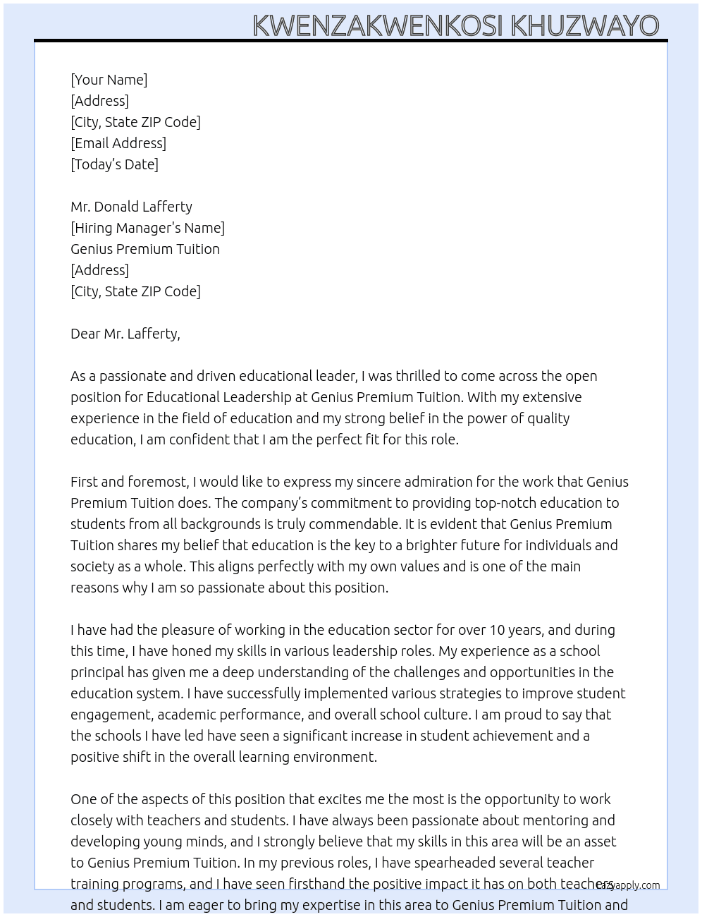 Educational Leadership  At Genius Premium Tuition Cover Letter