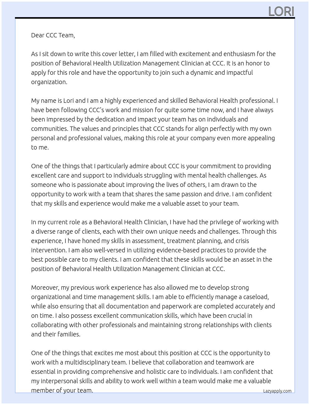 Behavioral Health Utilization Management Clinician At ccc Cover Letter