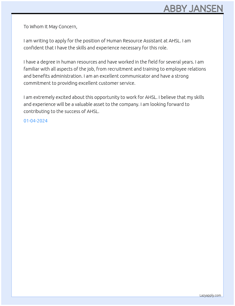 Human Resource Assistant At AHSL Cover Letter