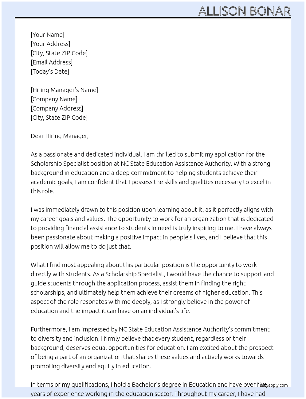 Scholarship Specialist  At NC State Education Assistance Authority  Cover Letter