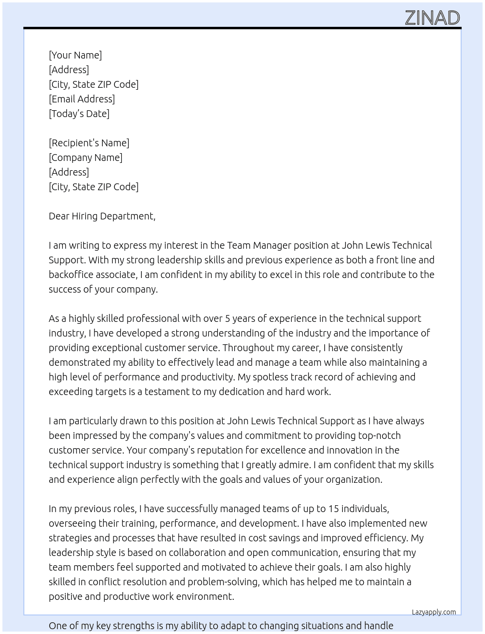 team manager At John Lewis Technical Support Cover Letter
