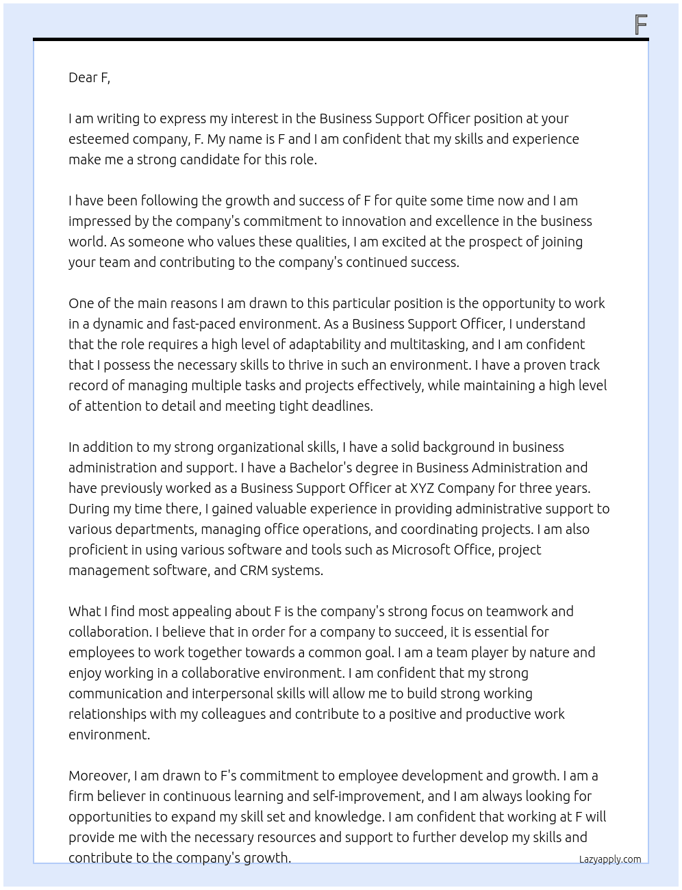 Business support officer At f Cover Letter