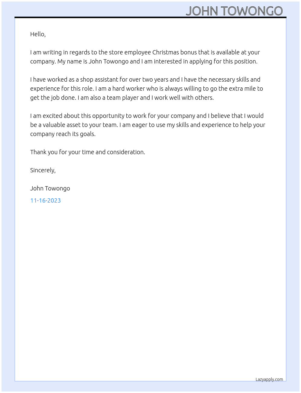 Store employee Christmas bonus At Shop assistant Cover Letter