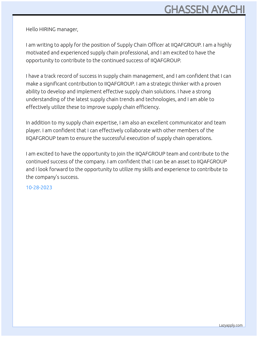 Supply Chain Officer At IIQAFGROUP Cover Letter