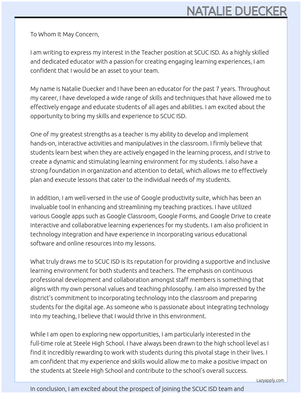 Teacher At SCUC ISD Cover Letter