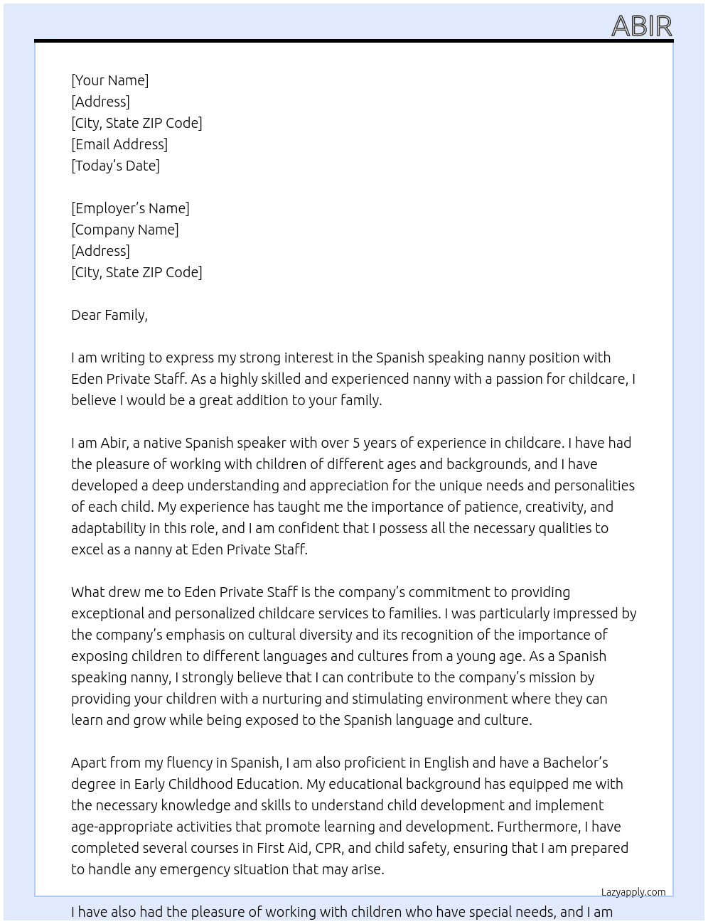 Cover letter for spanish speaking nanny - LazyApply