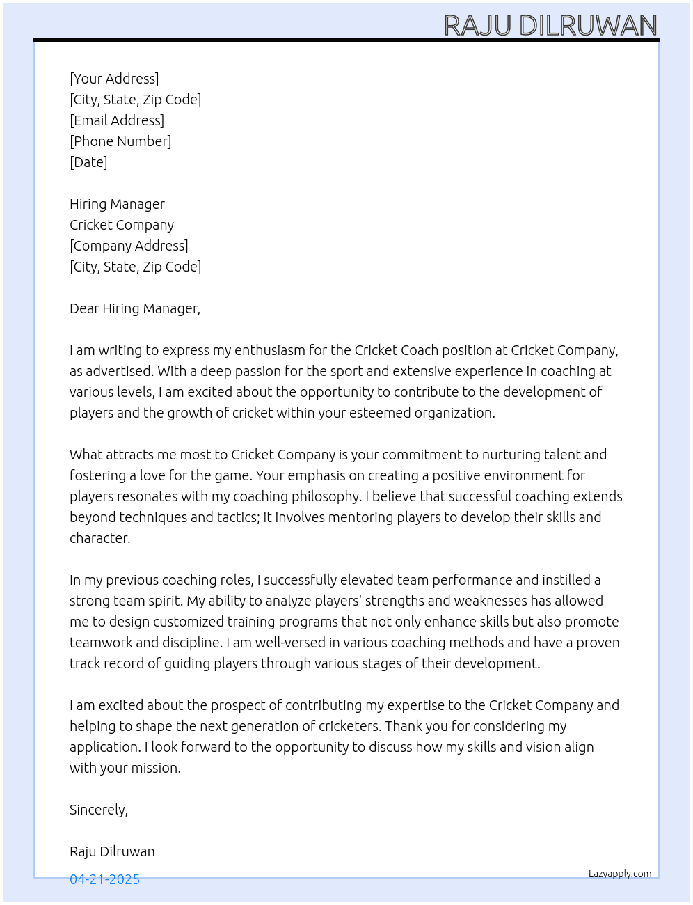 Cover letter for cricket coash - LazyApply