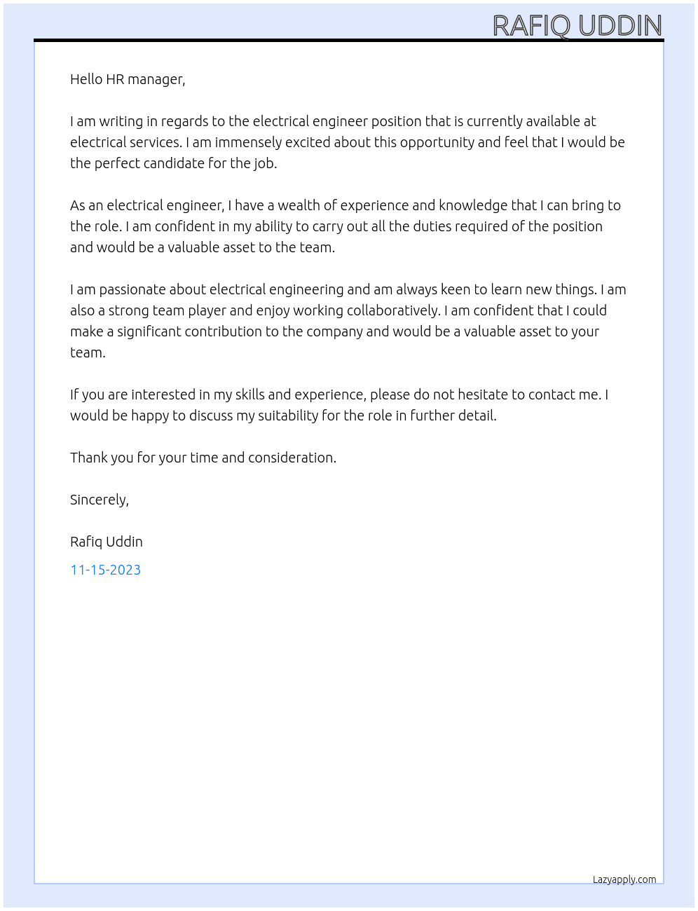 electrical engineer At electrical services Cover Letter
