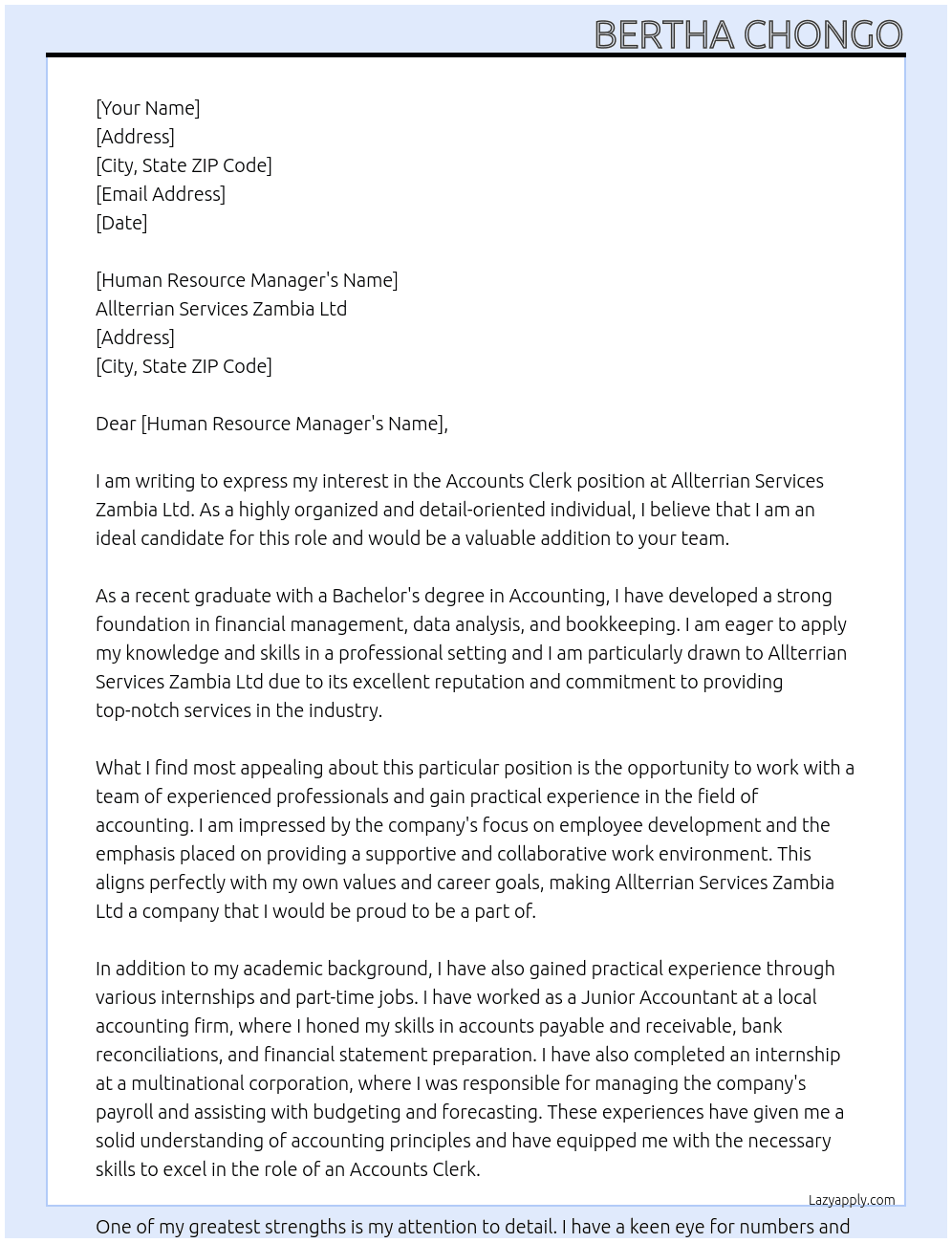 Accounts Clerk At Allterrian Services Zambia Ltd Cover Letter