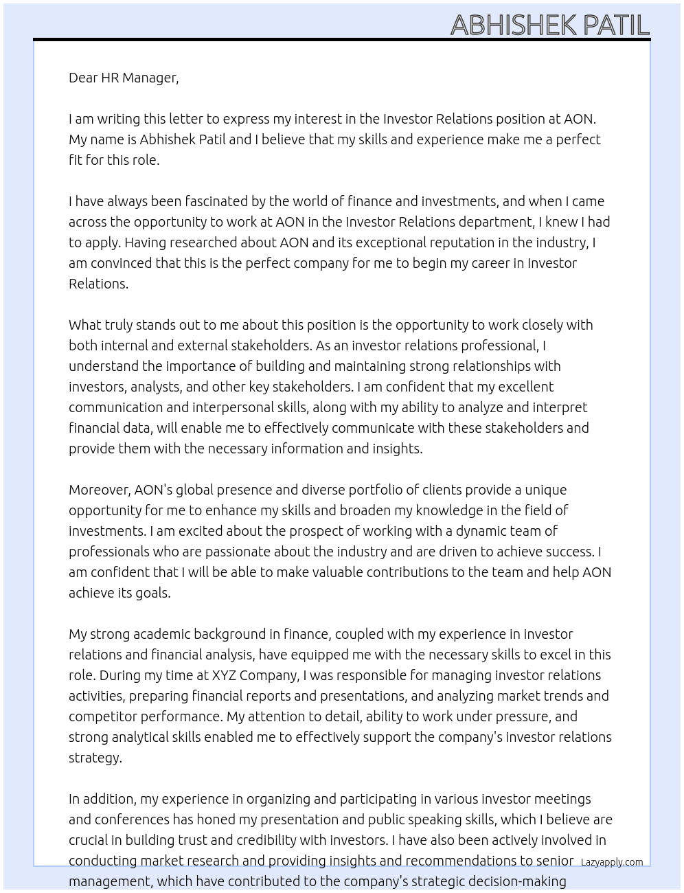 Investor relations At AON Cover Letter