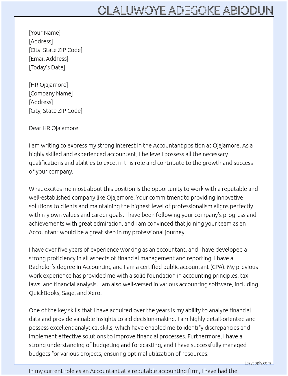 Accountant At Ojajamore Cover Letter