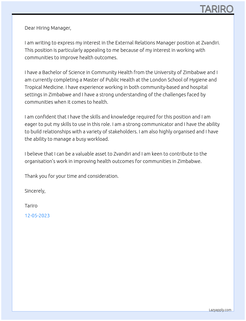 External Relations Manager At Zvandiri Cover Letter