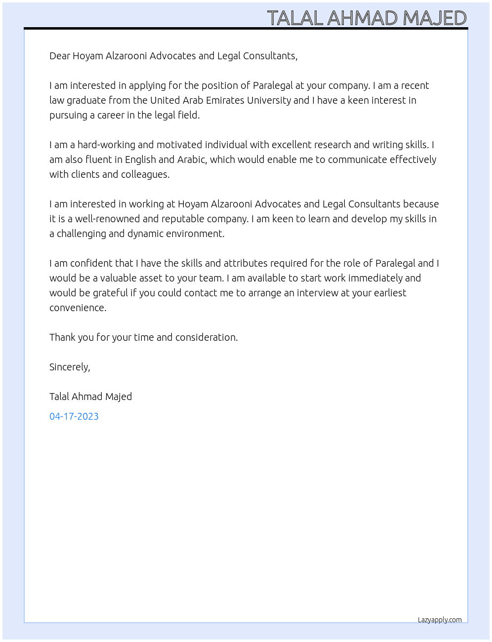 Paralegal At Hoyam Alzarooni Advocates and Legal Consultants Cover Letter