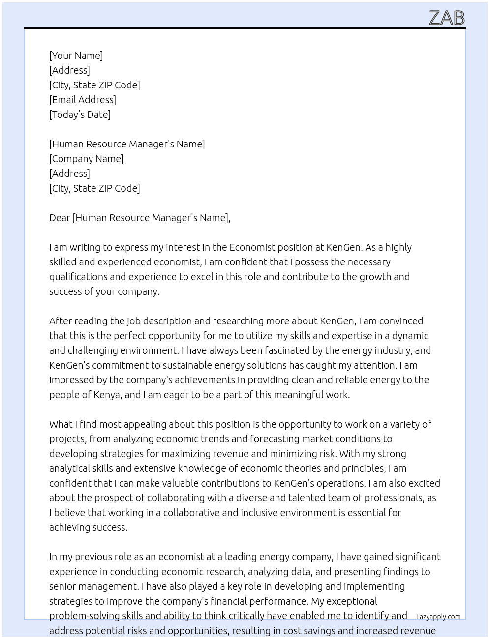 Economist At kenGen  Cover Letter