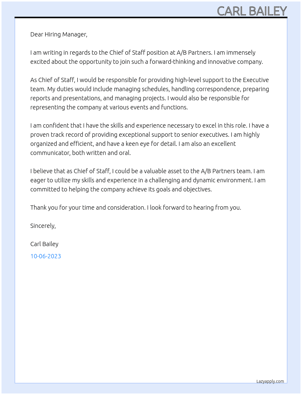 Chief of Staff At A/B Partners Cover Letter