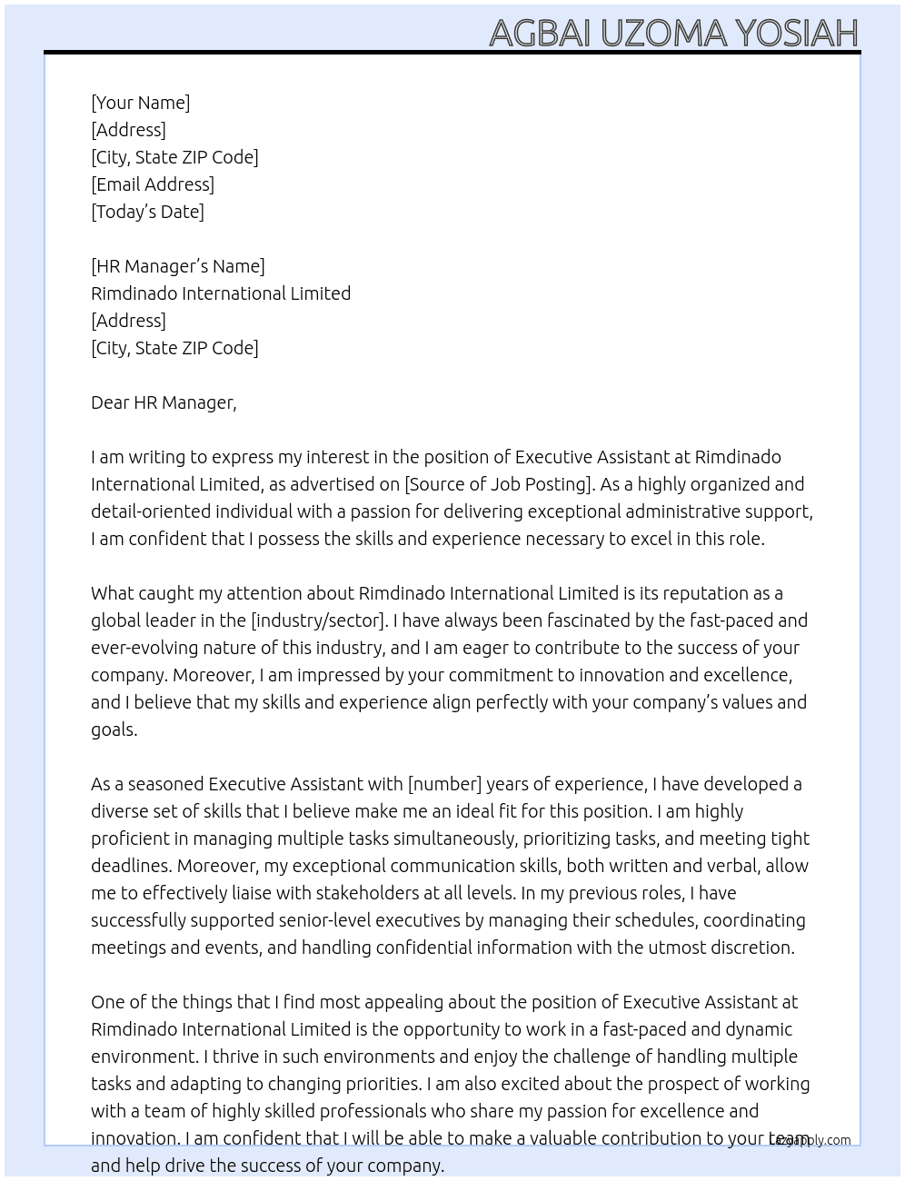 Executive Assistant At Rimdinado International Limited Cover Letter