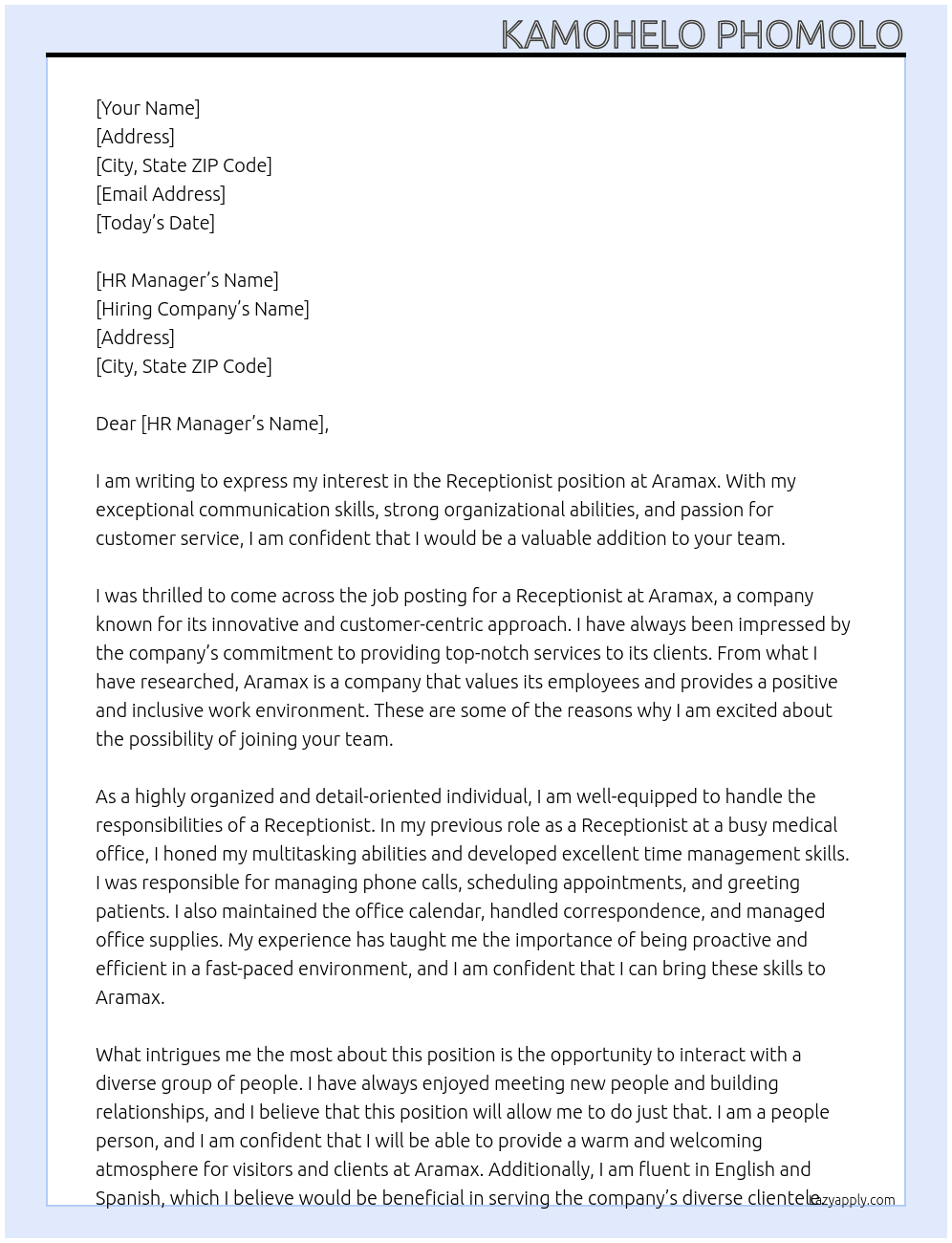 Receptionist  At Aramax Cover Letter