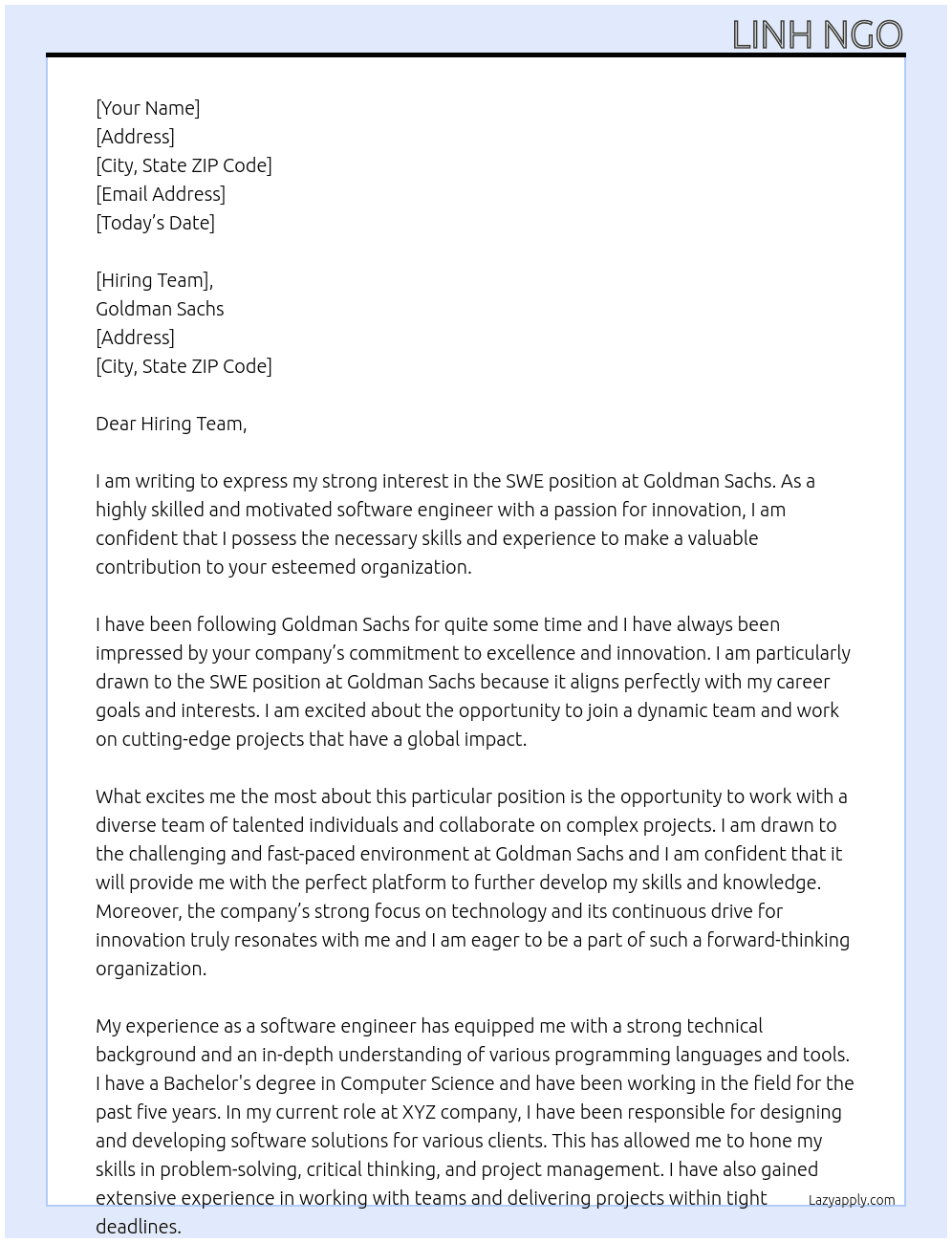 SWE At Goldman Sachs Cover Letter