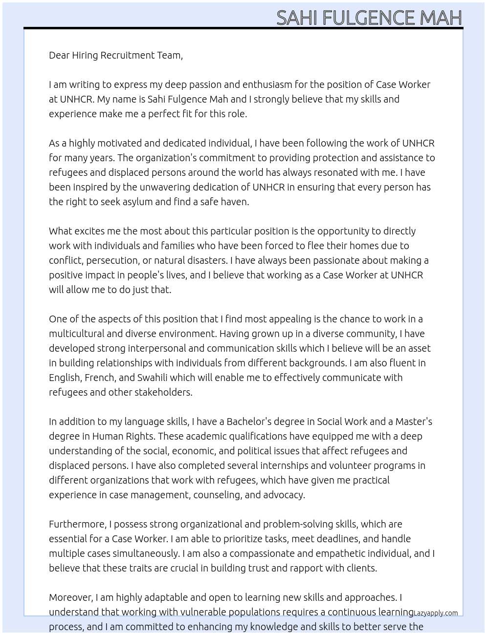 CASE WORKER At UNHCR Cover Letter
