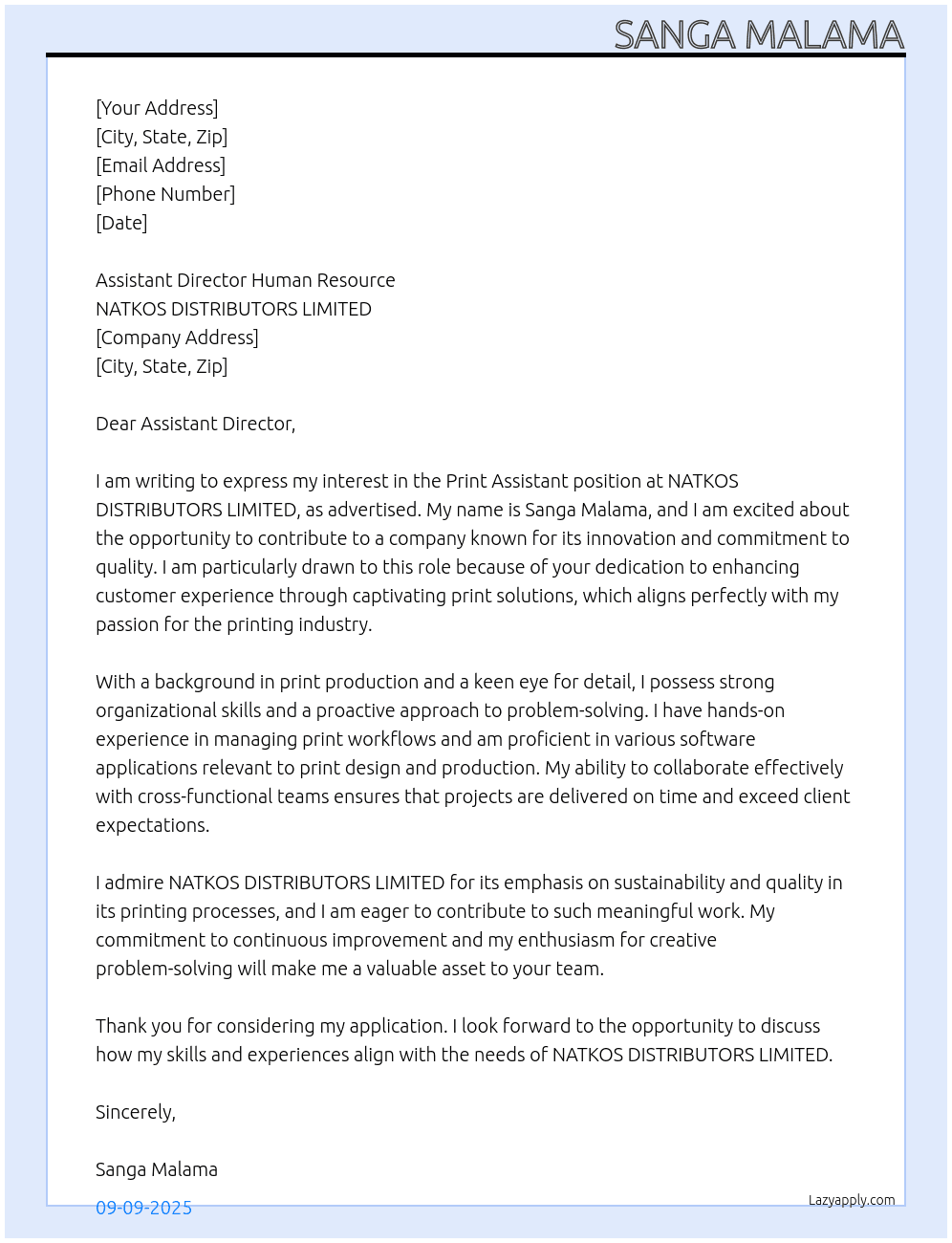 Cover letter for print assistant - LazyApply