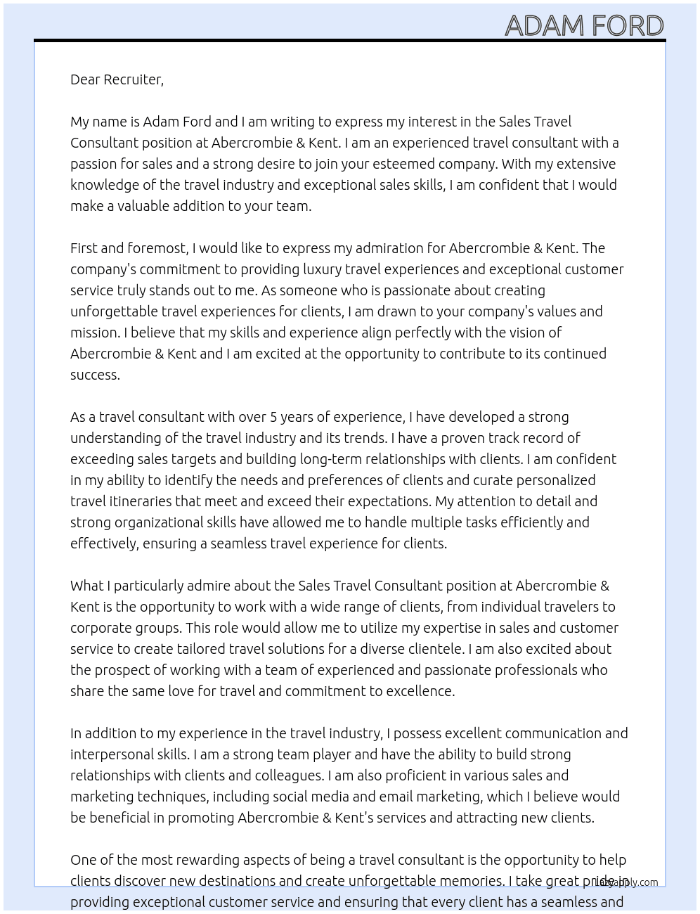 Sales Travel Consultant At Abercrombie & Kent Cover Letter