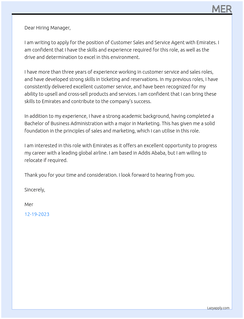 customer sales and service agent At Emrates Cover Letter