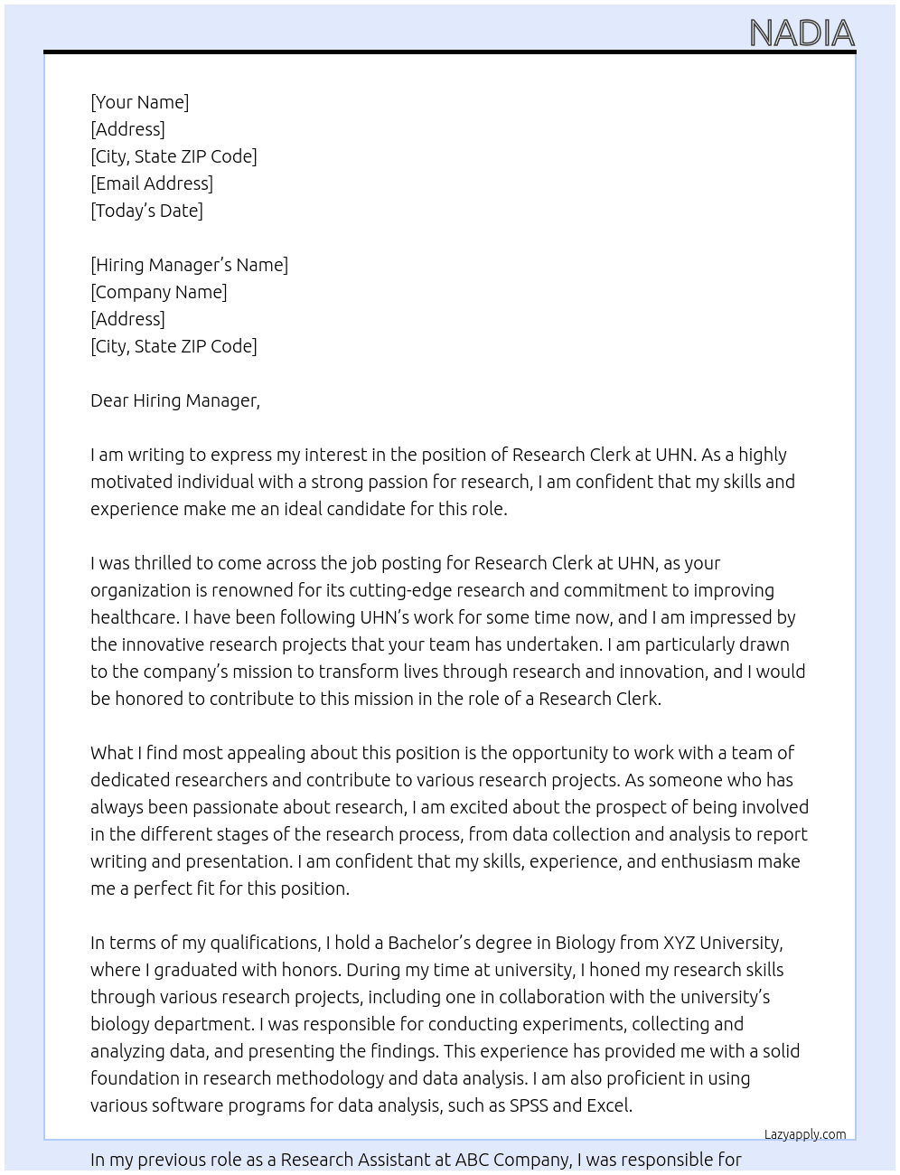 researcg clerk At uhn Cover Letter