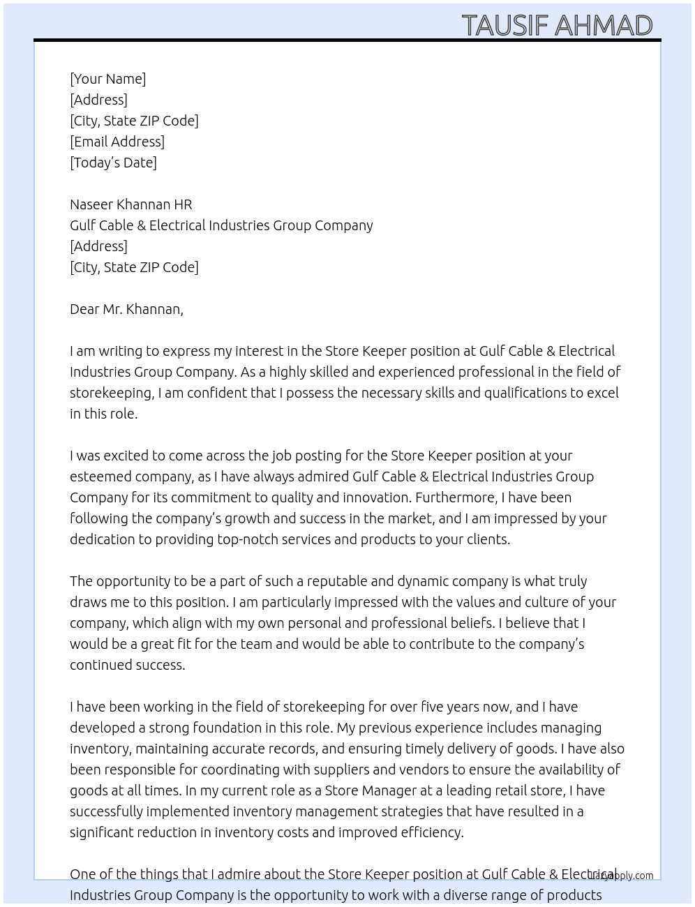 Store keeper  At Gulf cable & electrical industries group company  Cover Letter