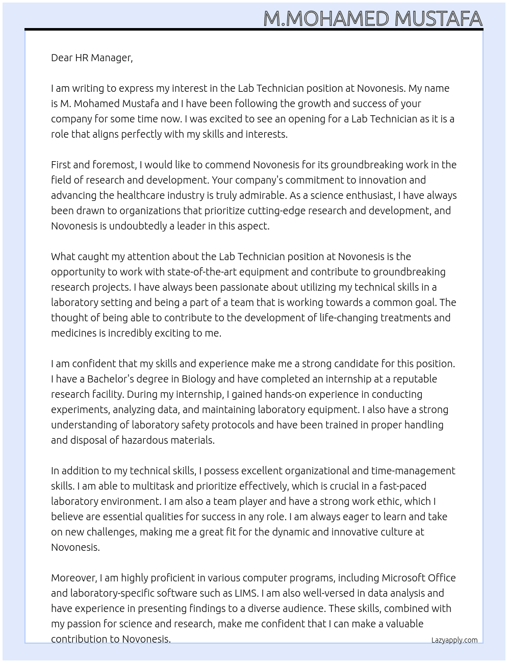 Lab technician  At Novonesis Cover Letter
