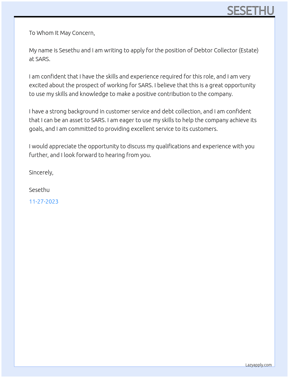 Debtor collector ( ESTATE) At SARS Cover Letter