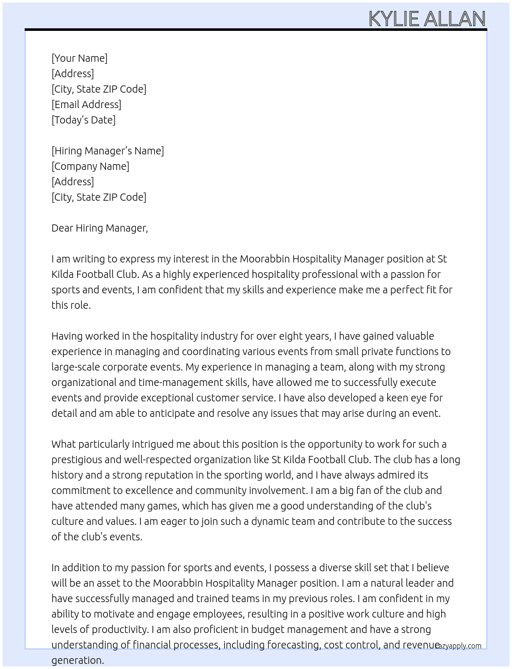 Moorabbin Hospitality Manager At St Kilda Football Club Cover Letter
