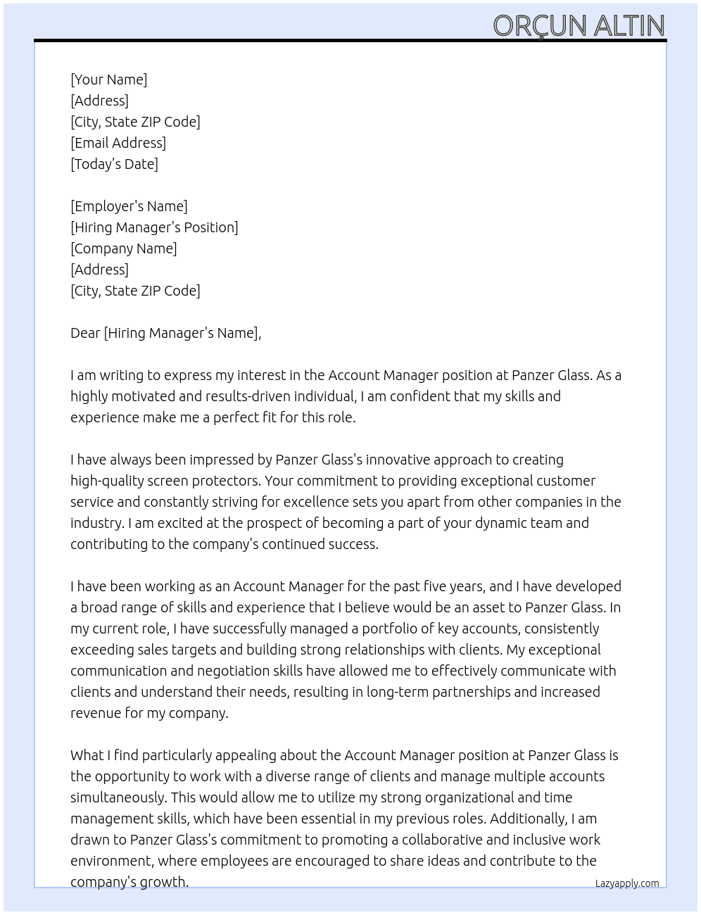 Account manager At Panzer Glass Cover Letter