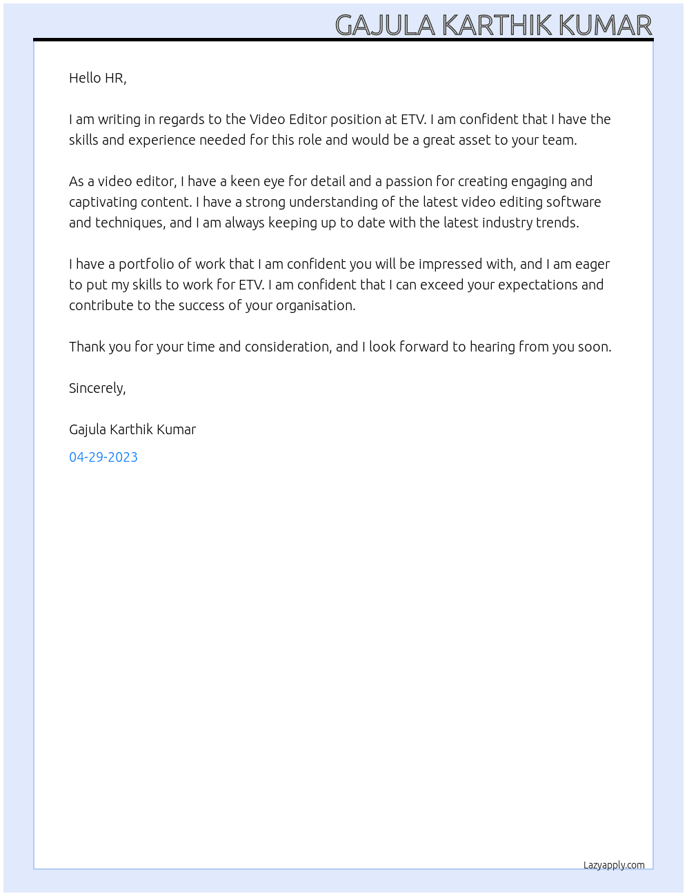 Video editor At ETV Cover Letter