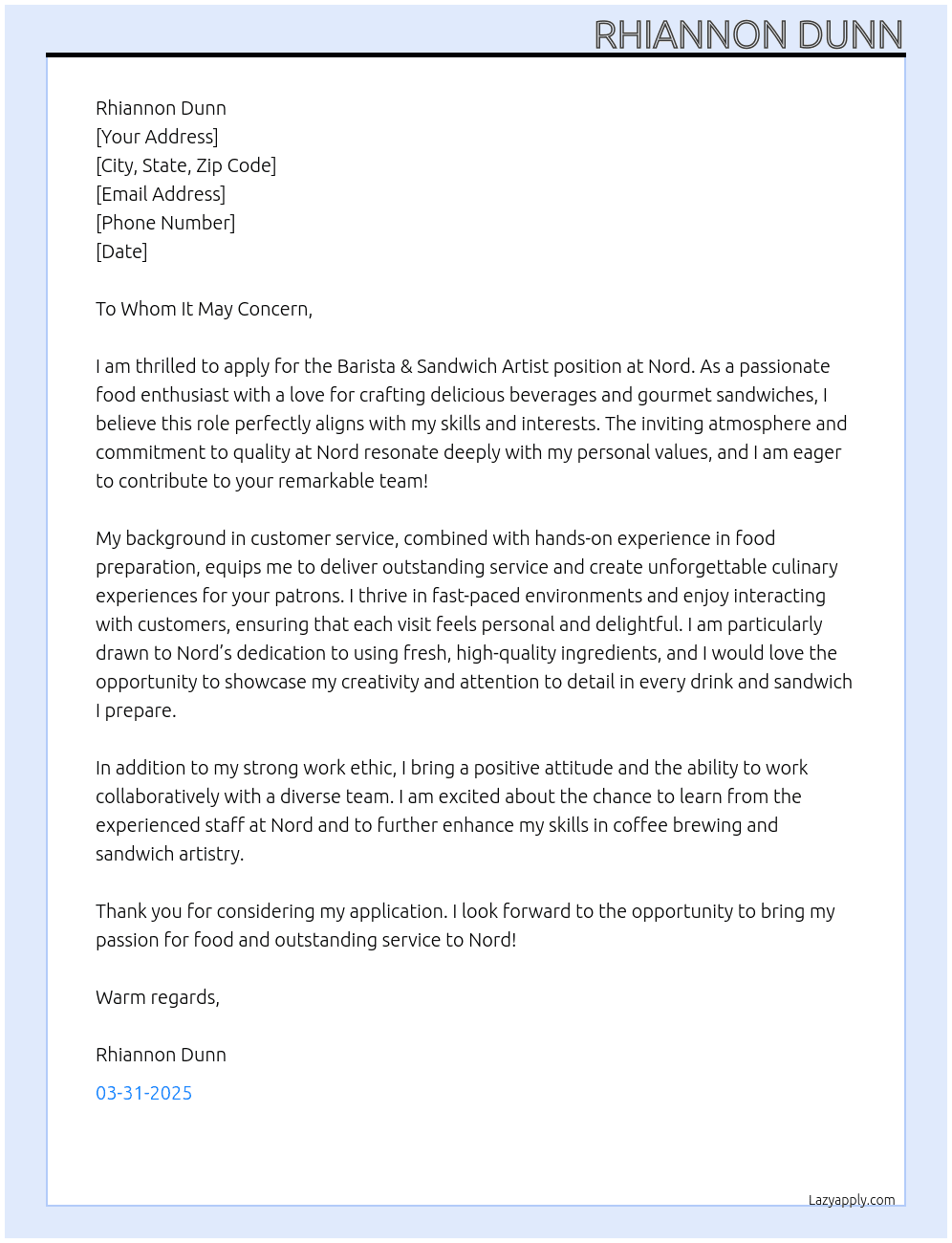 Cover letter for barista & sandwich artist - LazyApply