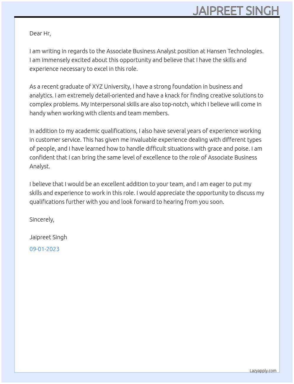 Associate Business Analyst At Hansen Technologies  Cover Letter