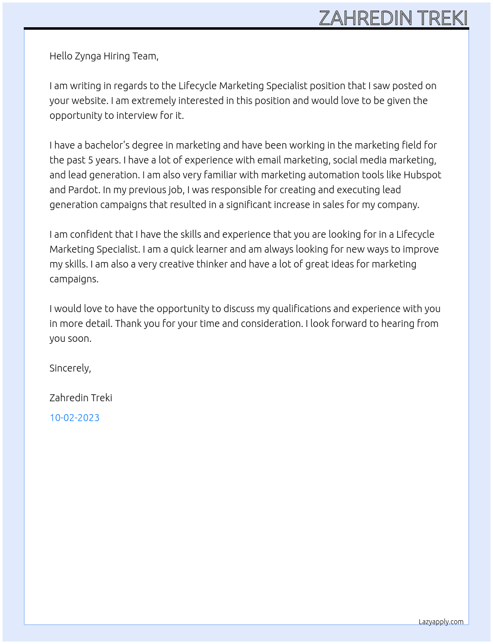Lifecycle Marketing Specialist At Zynga Cover Letter