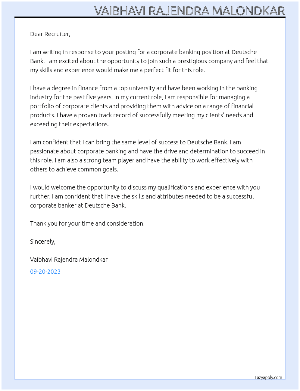 Cover letter for corporate banking - LazyApply