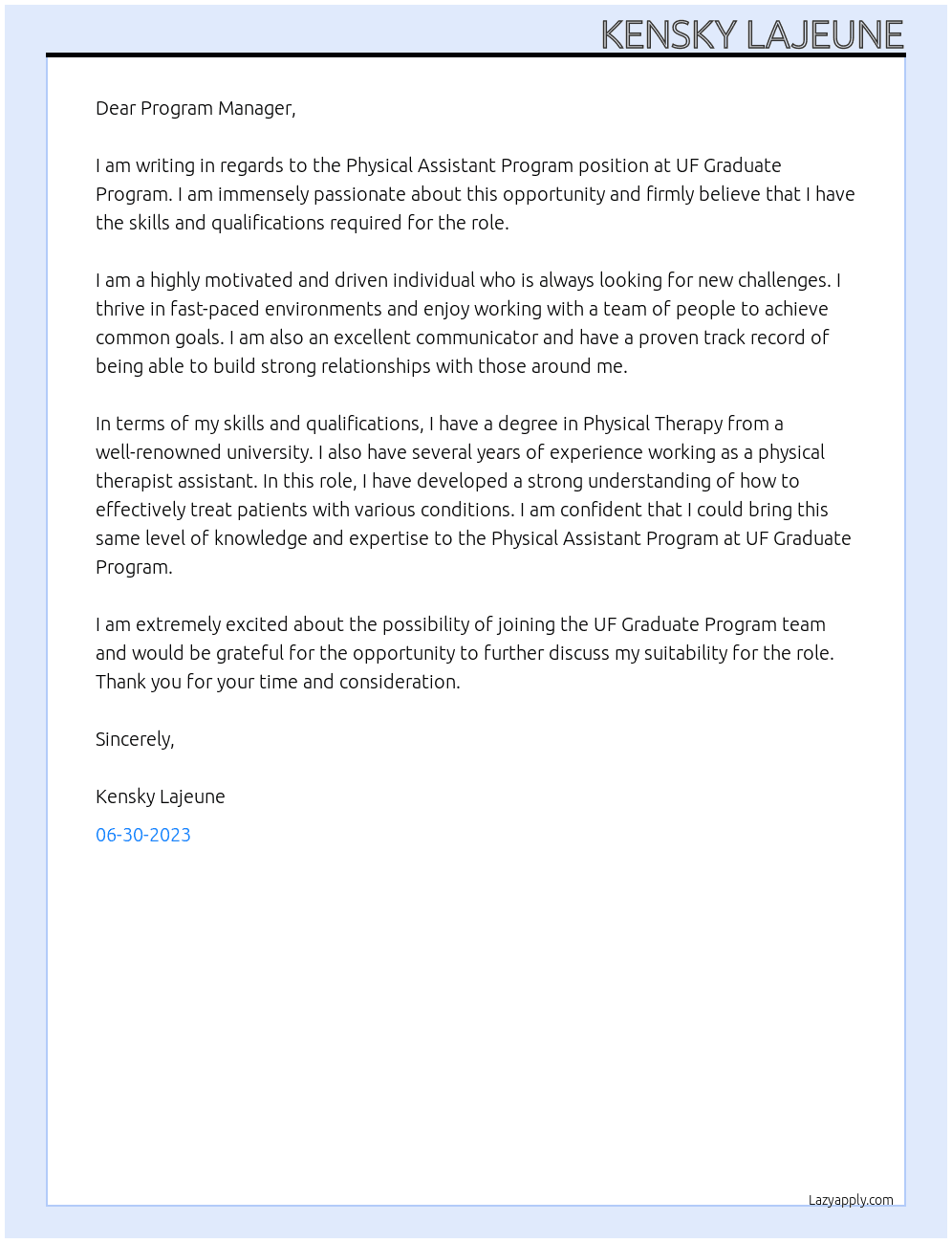 Physical Assistant Program At UF Graduate Program Cover Letter