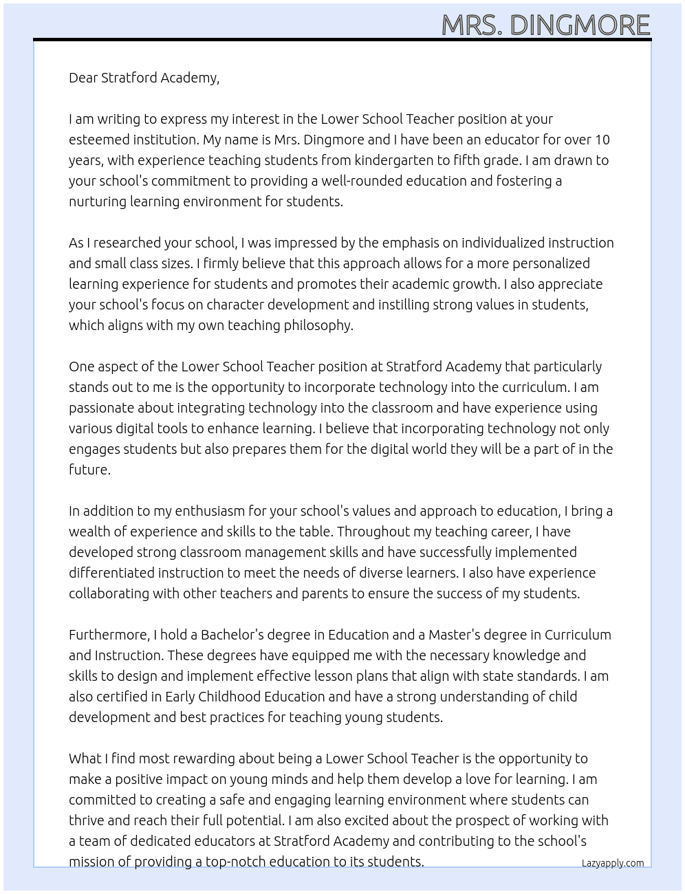 Lower School Teach At Stratford Academy Cover Letter