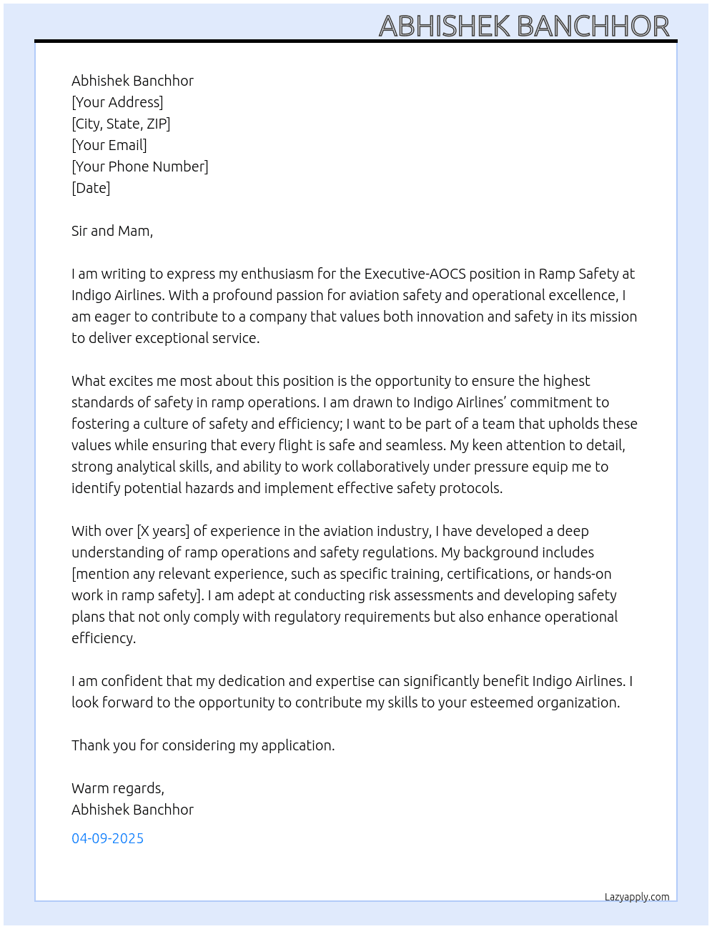 Cover letter for executive-aocs in the role of ramp safety - LazyApply