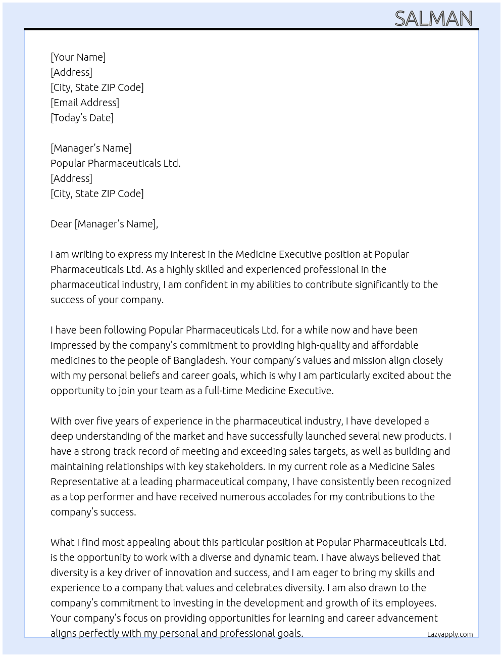 Medicine exicutive  At Popular Pharmaceuticals Ltd. Cover Letter