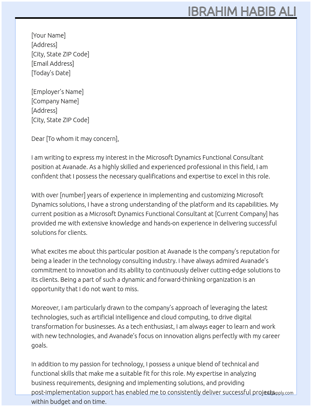 Microsoft Dynimcs Functional consultant At Avanade Cover Letter